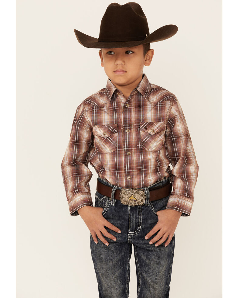 Rodeo Clothing Boys' Brown Plaid Long Sleeve Snap Western Shirt , Brown, hi-res