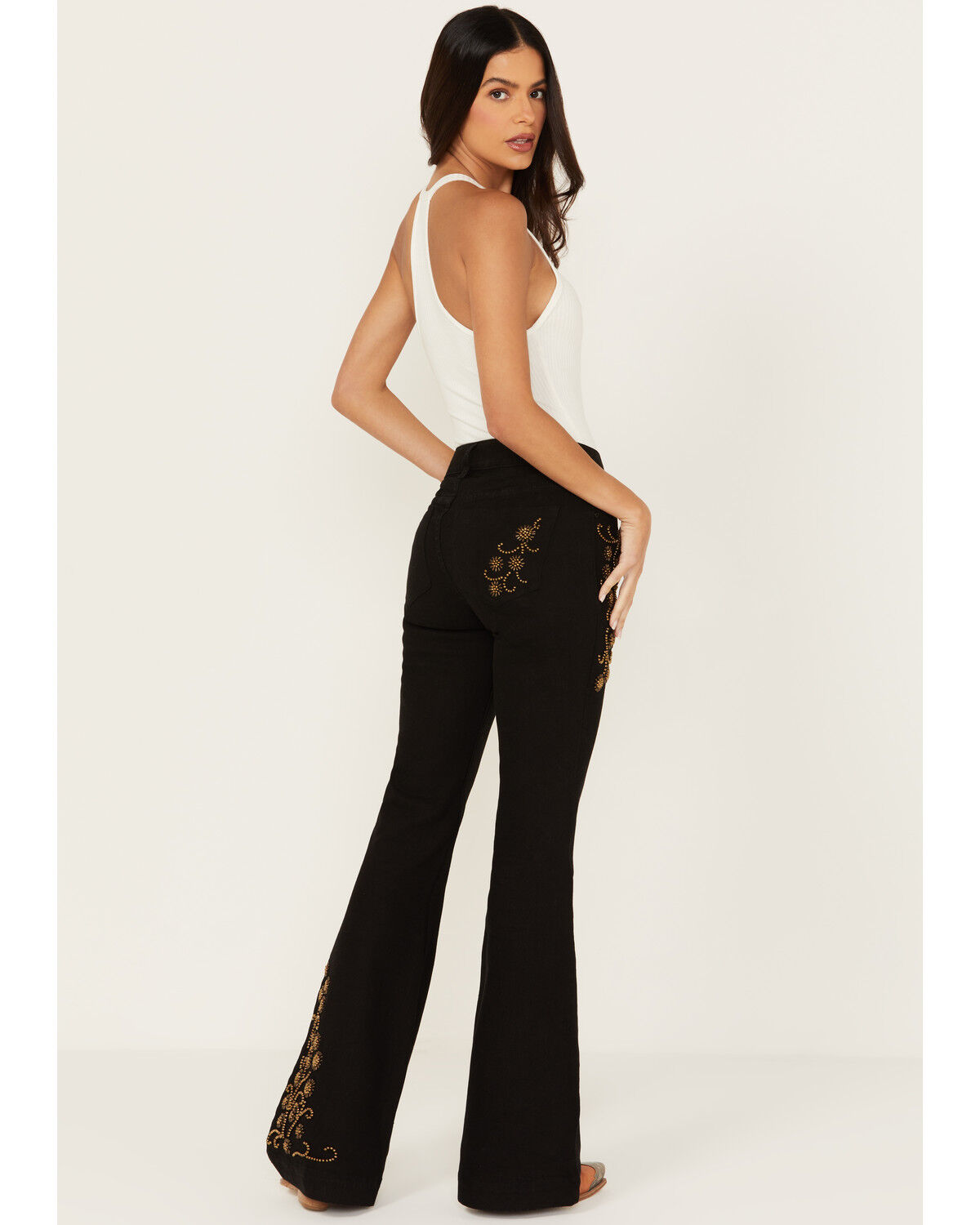 Image #3 - Shyanne Women's Sand Palm High Rise Embellished Flare Jeans, Black, hi-res