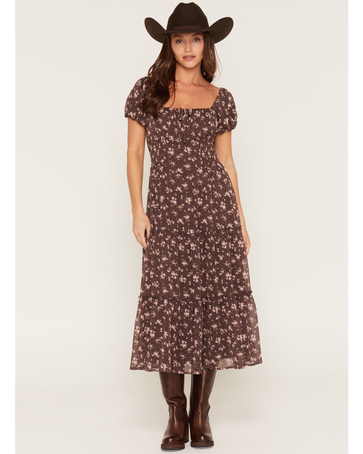 Trixxi Women's Floral Print Corset Short Sleeve Midi Dress, Brown, hi-res