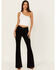 Image #1 - Rock & Roll Denim Women's High Rise Corduroy Button Bargain Bell Flare Jeans, Black, hi-res