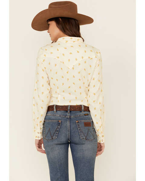 Wrangler Women's Allover Cactus Print Long Sleeve Western Core Shirt , Ivory, hi-res
