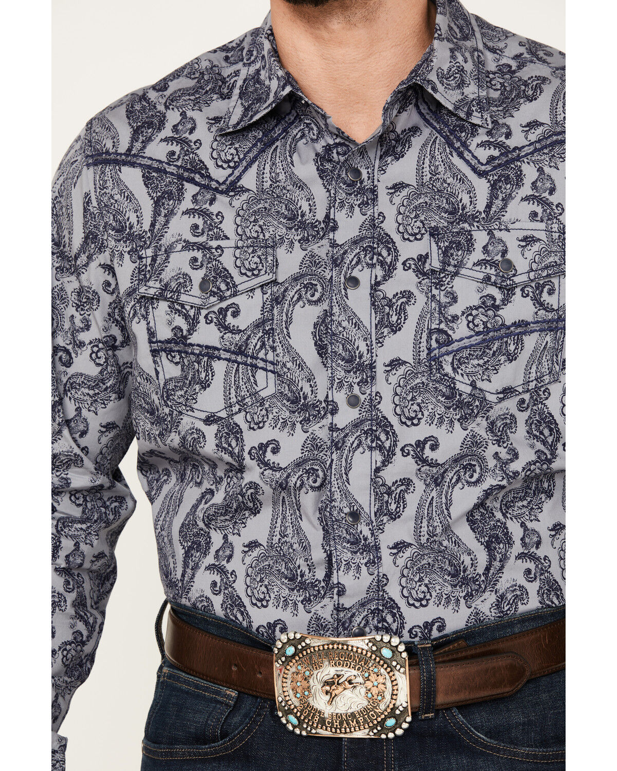 Image #3 - Wrangler Men's Rock 47 Paisley Print Long Sleeve Snap Western Shirt, Navy, hi-res