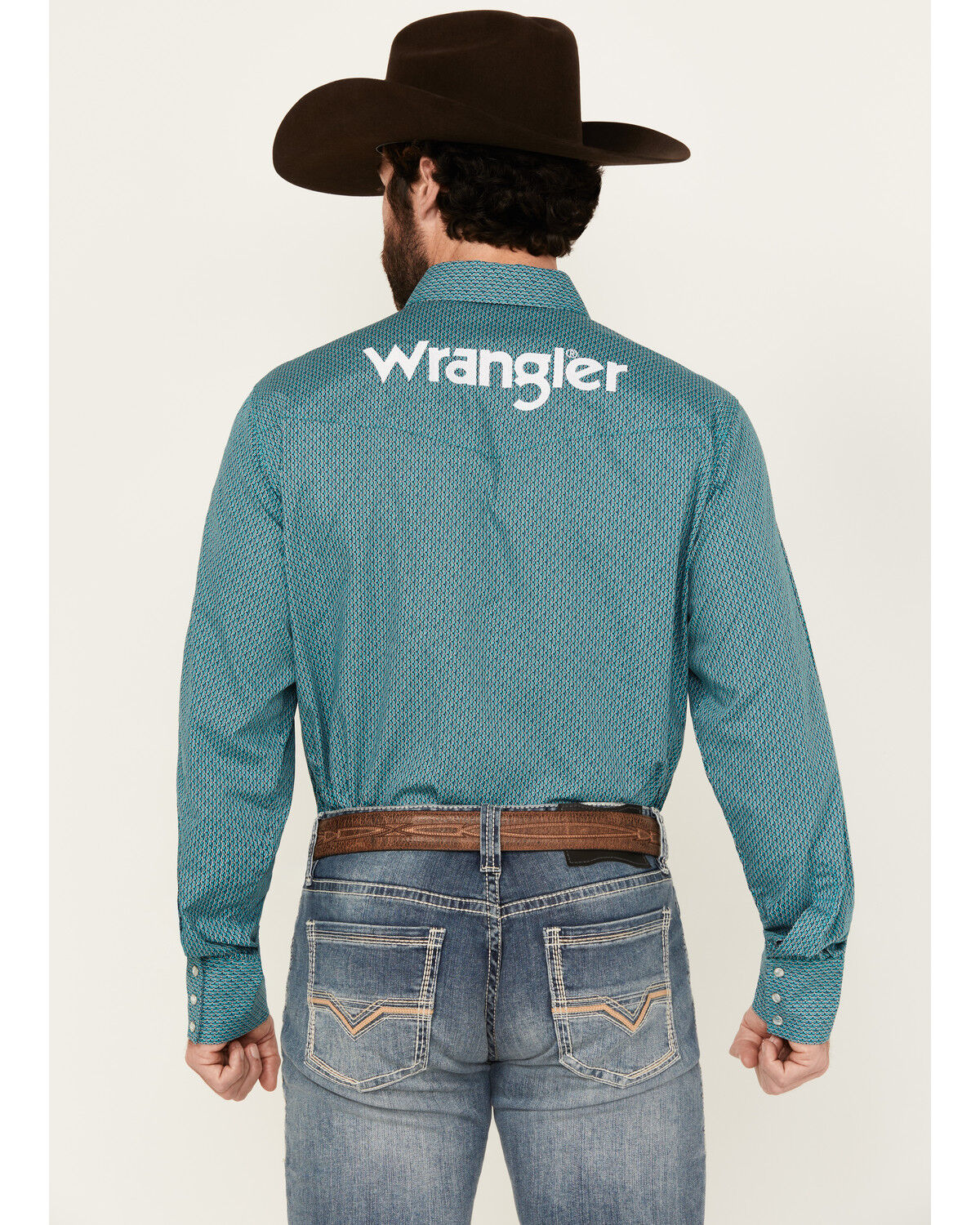 Image #4 - Wrangler Men's Logo Geo Print Long Sleeve Snap Western Shirt, Turquoise, hi-res