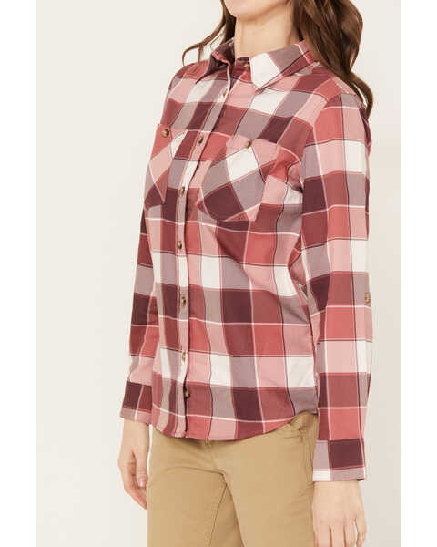 Wrangler Riggs Workwear Women's Plaid Print Long Sleeve Button Down Shirt, Wine, hi-res