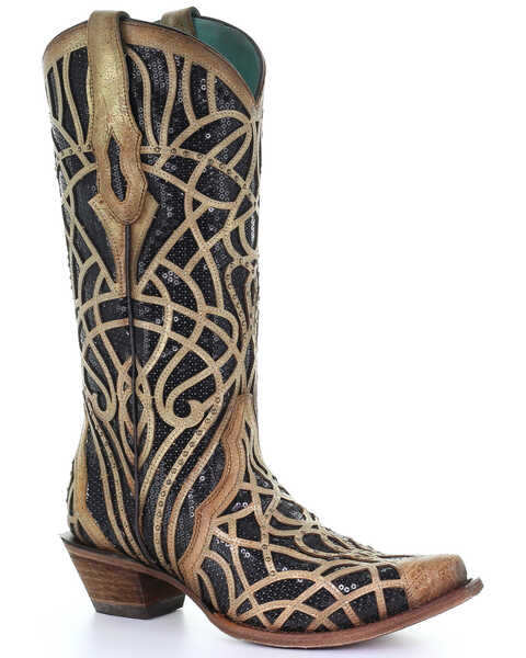 Image #1 - Corral Women's Black Glitter Inlay Western Boots - Snip Toe, , hi-res