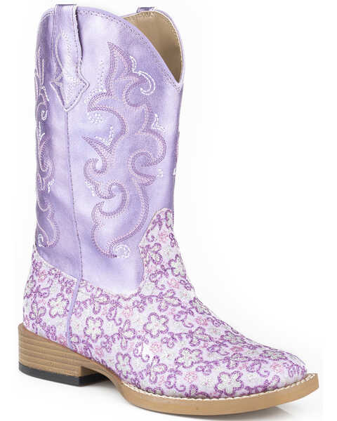 Roper Girls' Lavender Floral Glitter Cowgirl Boots - Square Toe , Purple, hi-res
