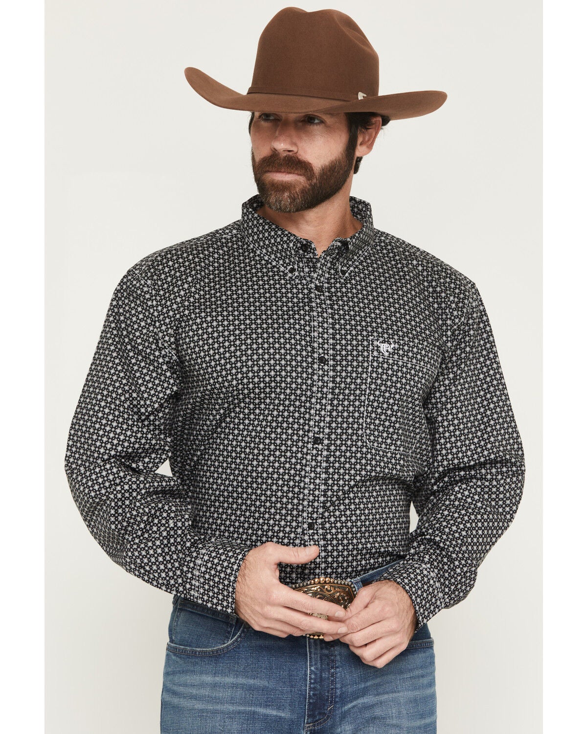 Cowboy Hardware Men's McKay Micro Geo Print Long Sleeve Button-Down Stretch Western Shirt, Black, hi-res