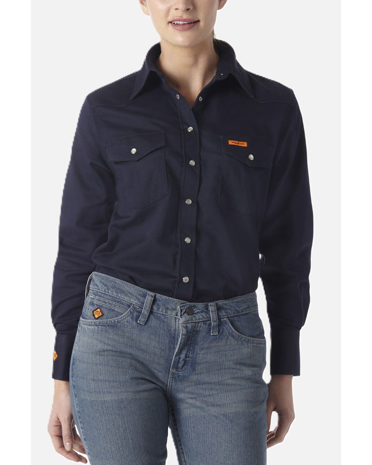 Image #1 - Wrangler Women's FR Long Sleeve Snap Work Shirt, Navy, hi-res