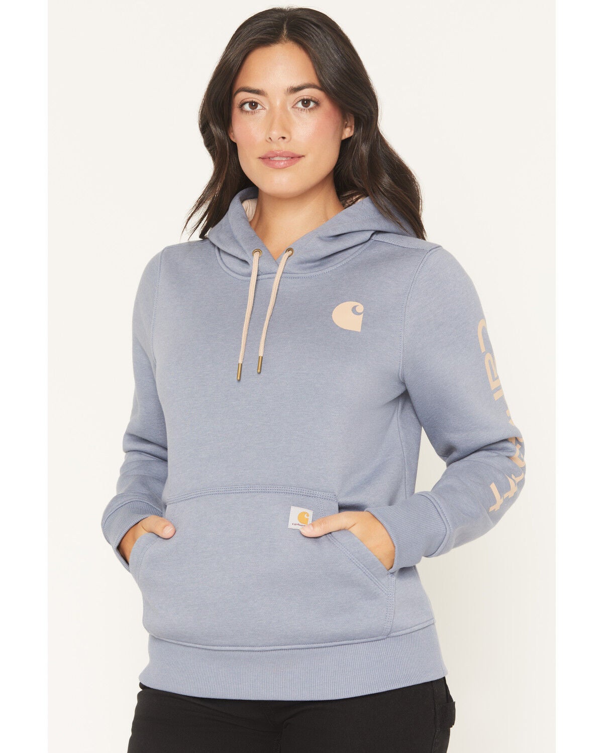 Image #1 - Carhartt Women's Relaxed Fit Midweight Logo Sleeve Graphic Hoodie, Navy, hi-res