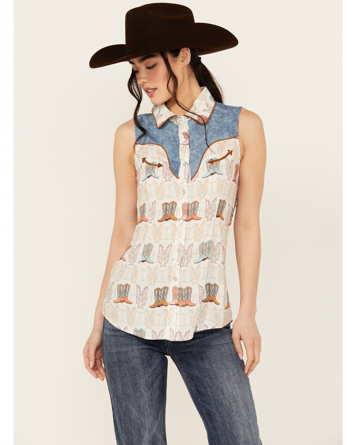Image #1 - Panhandle Women's Boot Print Sleeveless Pearl Snap Western Shirt, Cream, hi-res