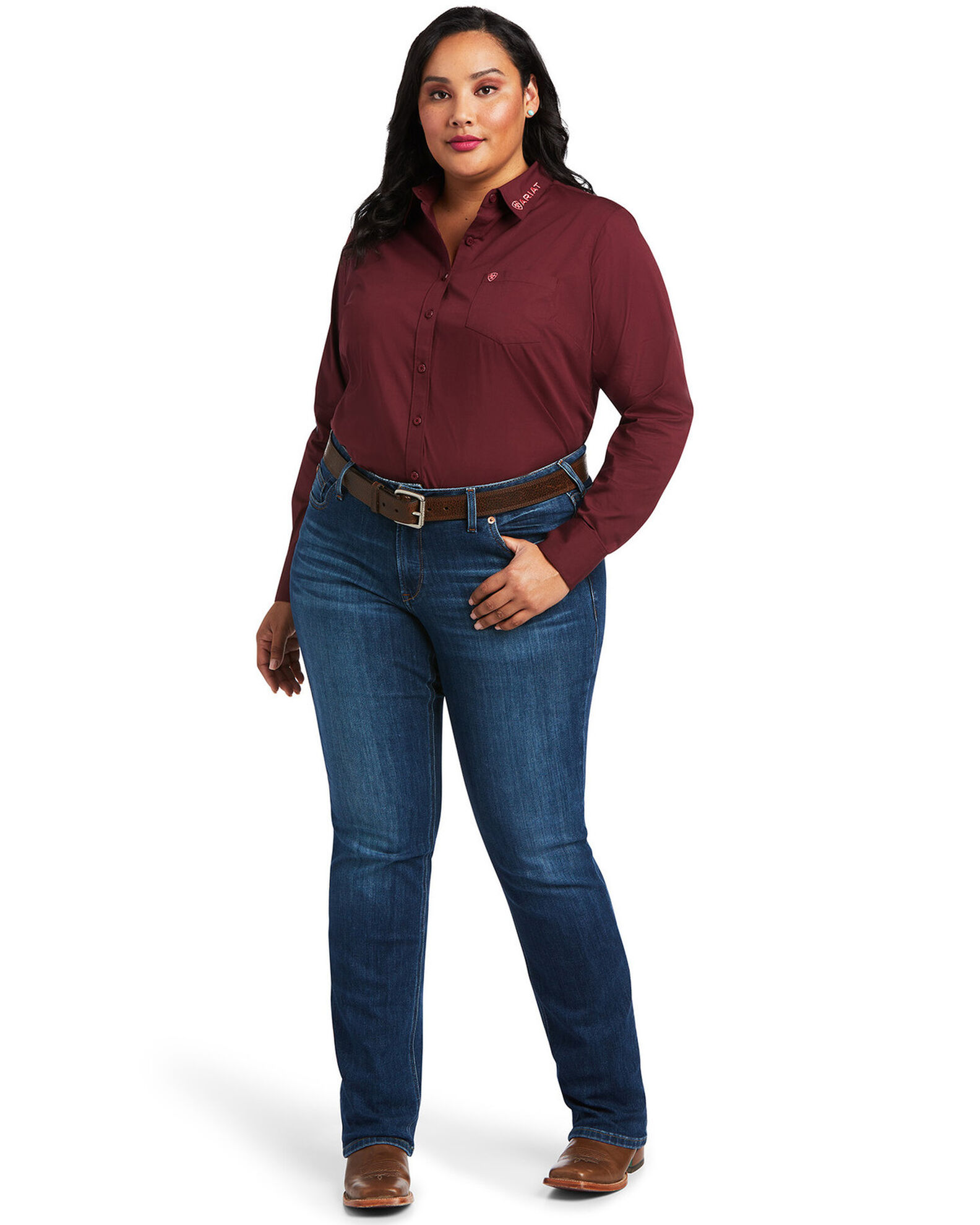 Image #3 - Ariat Women's Team Kirby Stretch Zinfandel Long Sleeve Button Shirt - Plus, Burgundy, hi-res