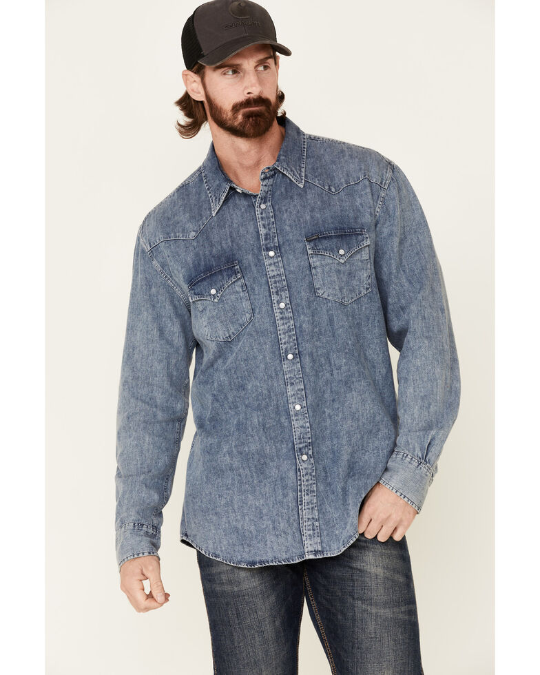 Rock & Roll Denim Men's Long Sleeve Denim Western Shirt , Blue, hi-res