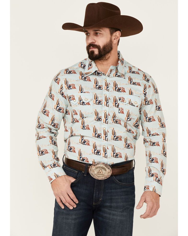 Rock & Roll Denim Men's Desert Conversational Print Agua Long Sleeve Snap Western Shirt , Aqua, hi-res