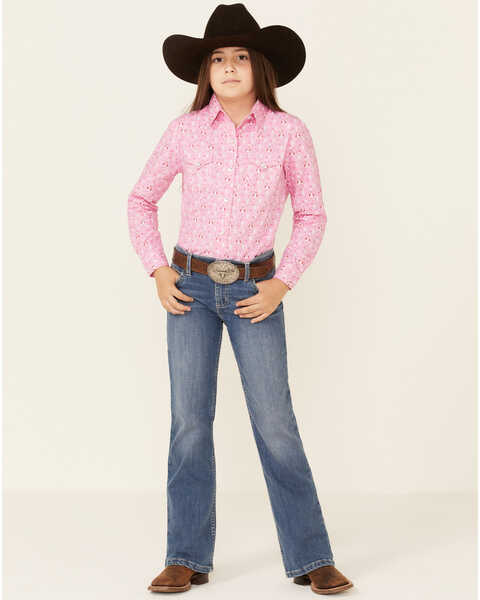 Panhandle Girls' Teepee Print Long Sleeve Western Shirt , Pink, hi-res