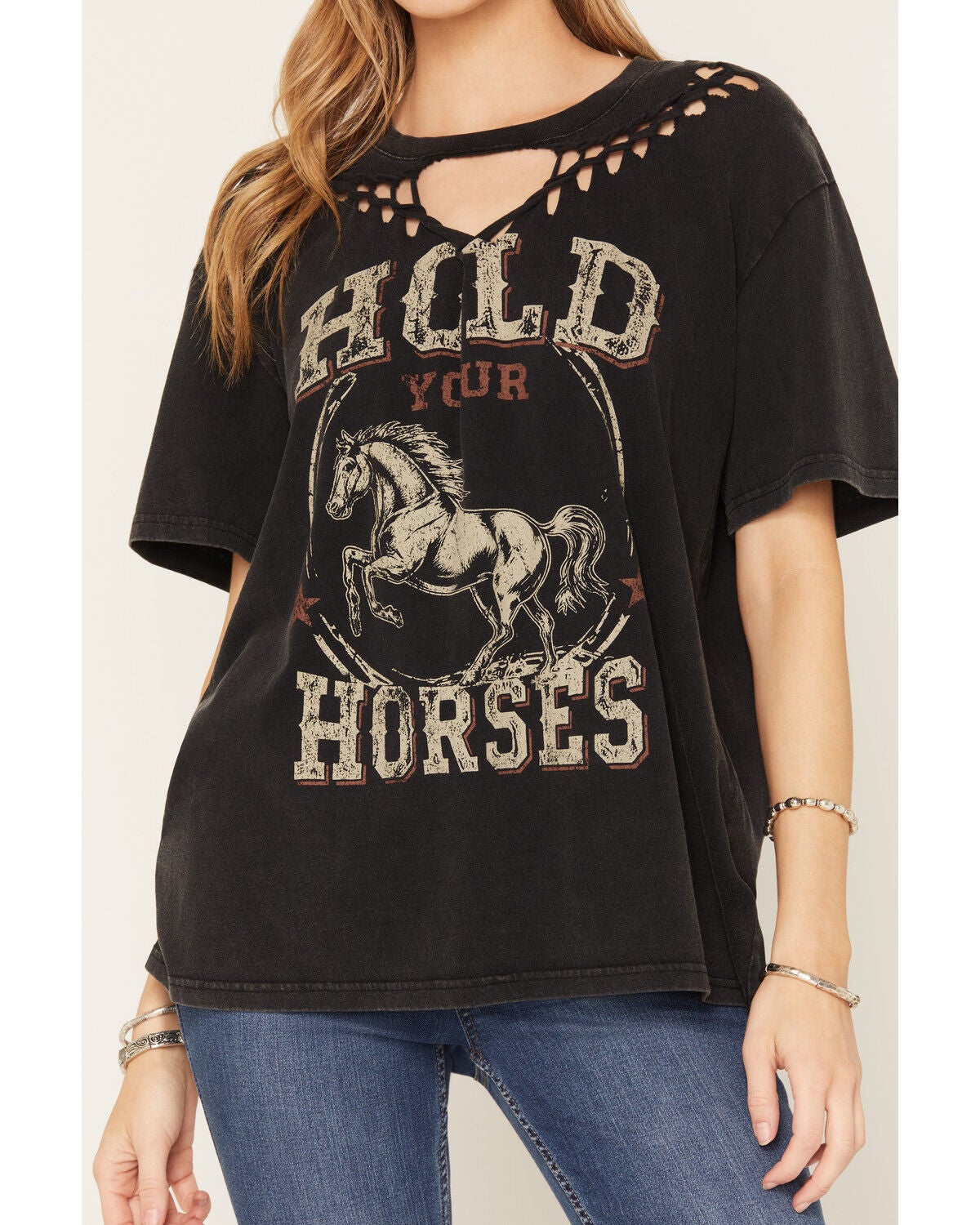 Image #3 - Nikxie Women's Hold Your Horses Braided Neck Short Sleeve Graphic Tee, Black, hi-res