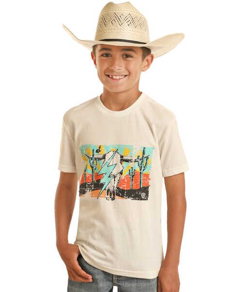 Image #1 - Rock & Roll Denim Boys' Lightning Bolt Short Sleeve Graphic T-Shirt , White, hi-res