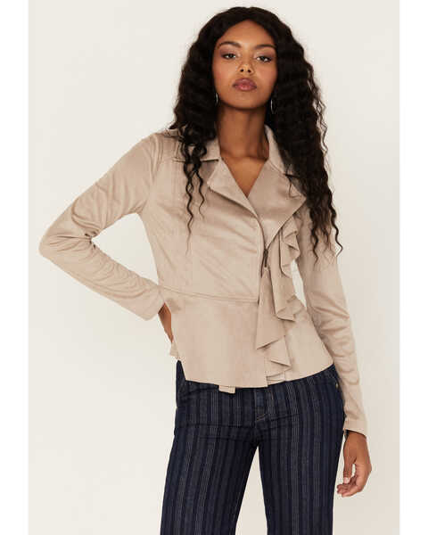 Image #1 - Shyanne Women's Ruffle Faux Suede Moto Jacket, Taupe, hi-res