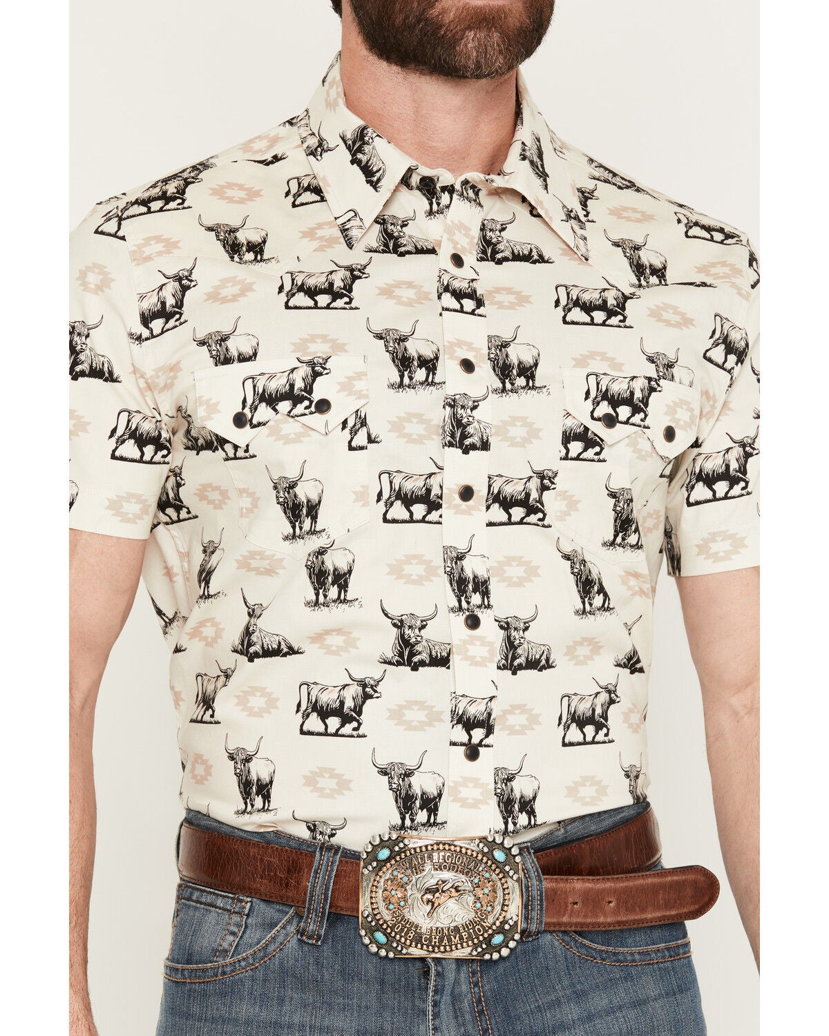 Image #3 - Rock & Roll Denim Men's Steer Print Short Sleeve Snap Stretch Western Shirt, Tan, hi-res