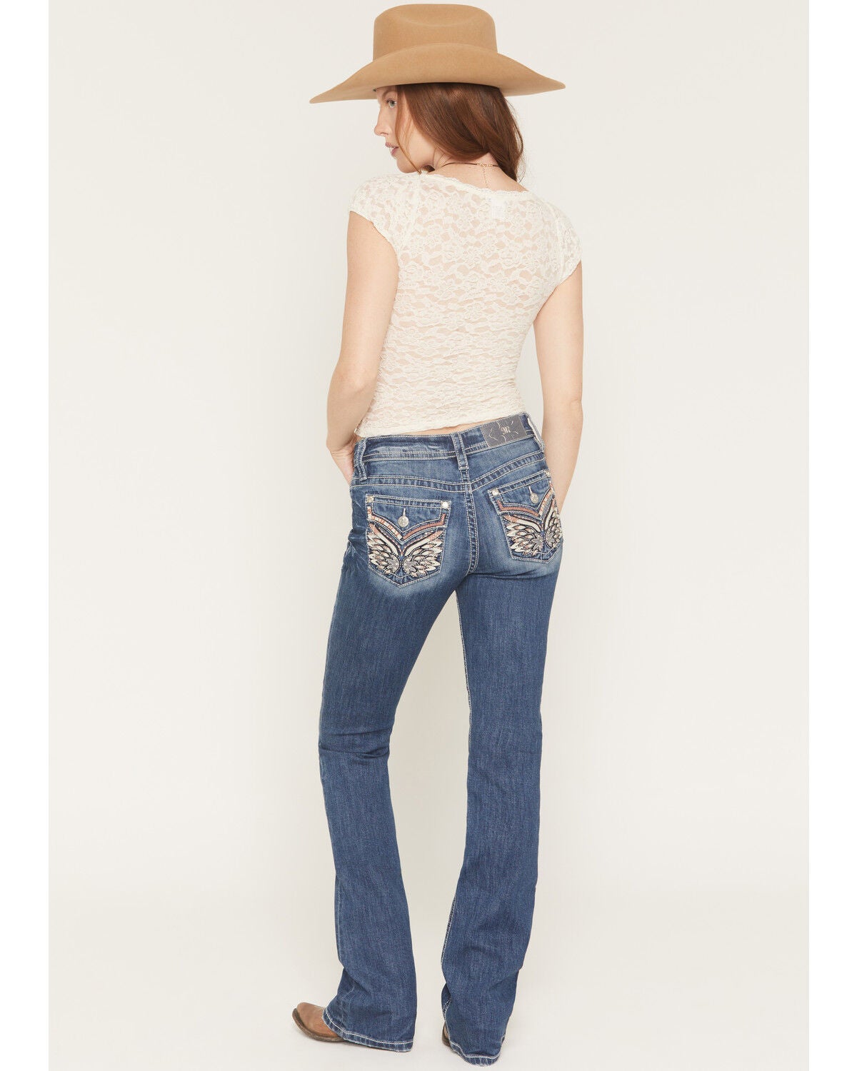 Miss Me Women's Medium Wash Mid Rise Wing Pocket 32" Bootcut Stretch Denim Jeans, Medium Wash, hi-res