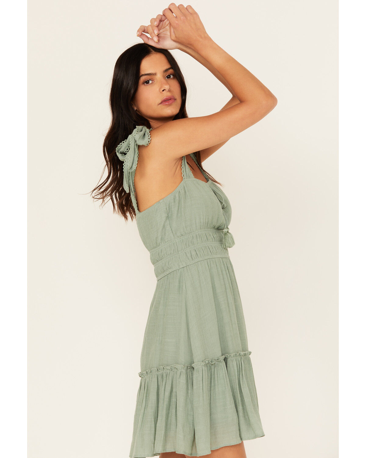 Image #2 - Trixxi Women's Smocked Waist Mini Dress, Sage, hi-res
