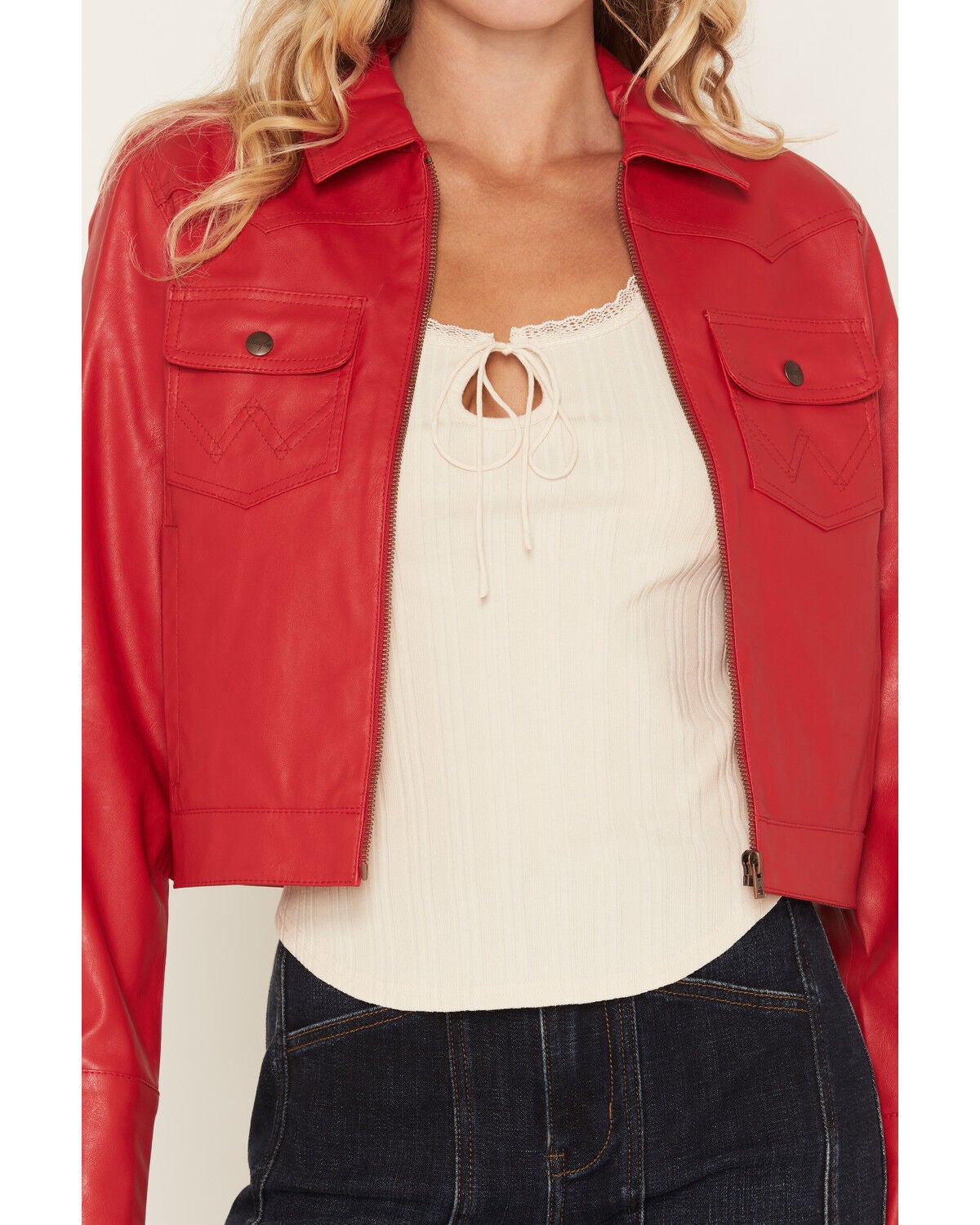 Image #3 - Wrangler Women's Slim Seamed Faux Leather Jacket, Red, hi-res