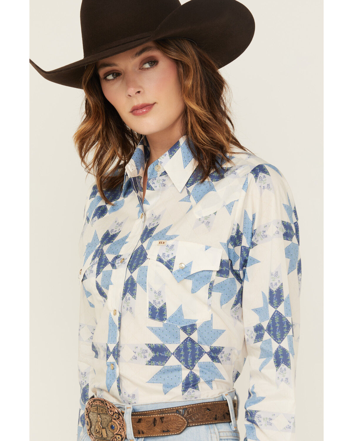 Image #3 - Cowboygirl by Jenna Paulette Women's Patchwork Print Long Sleeve Pearl Snap Western Shirt, Blue, hi-res