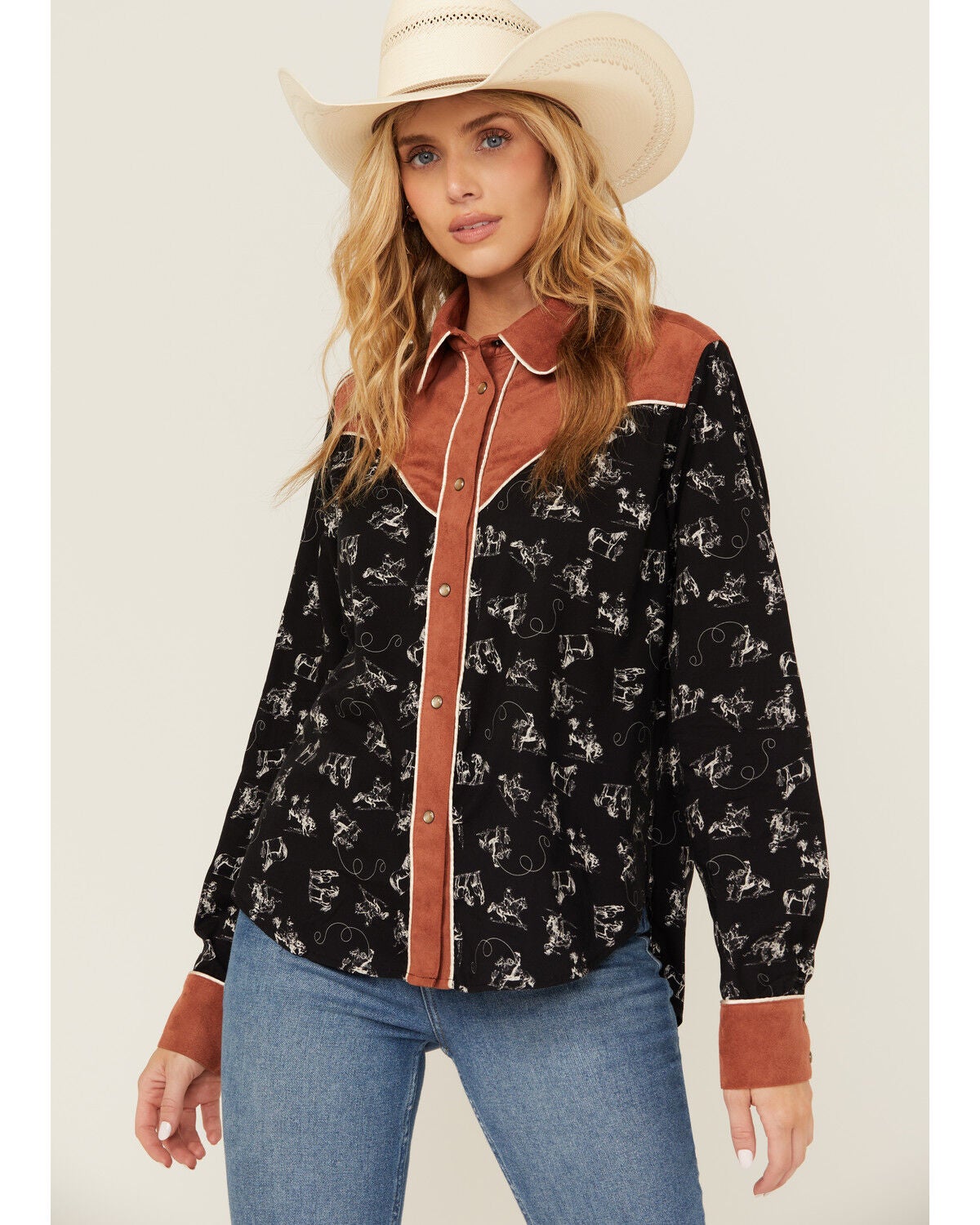 Cruel Girl Women's Conversation Print Long Sleeve Snap Western Shirt, Black, hi-res