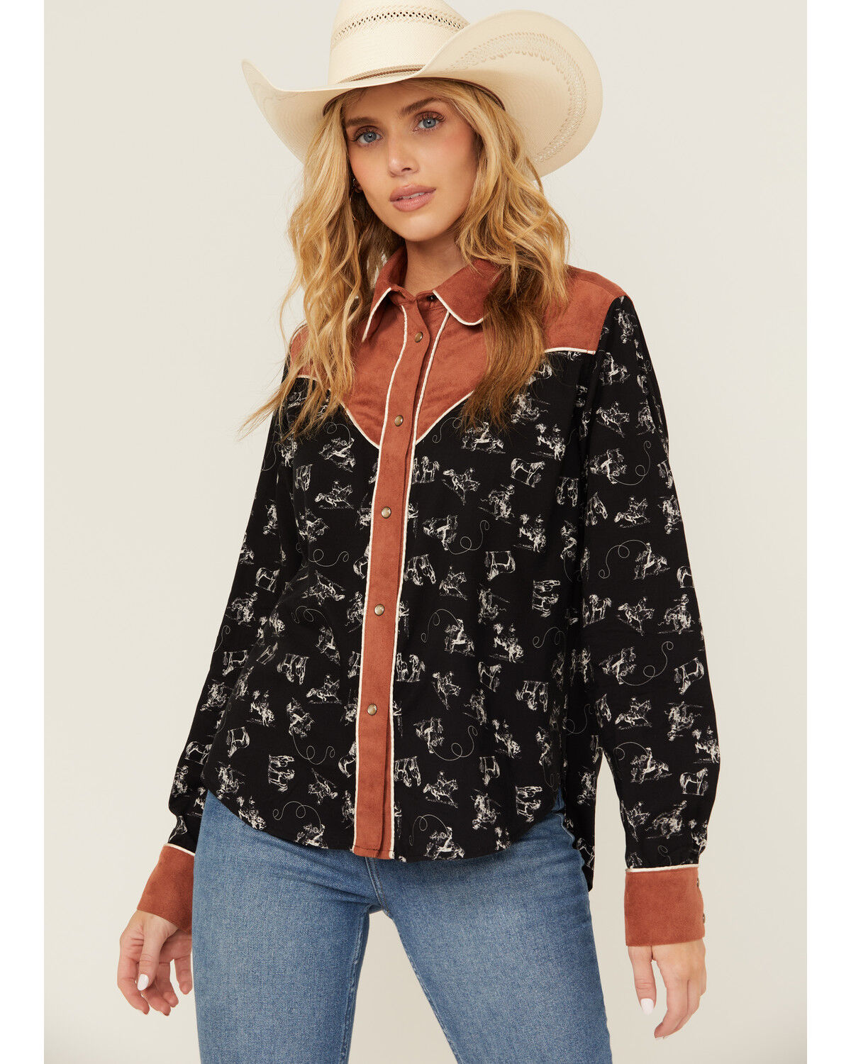 Image #1 - Cruel Girl Women's Conversation Print Long Sleeve Snap Western Shirt, Black, hi-res