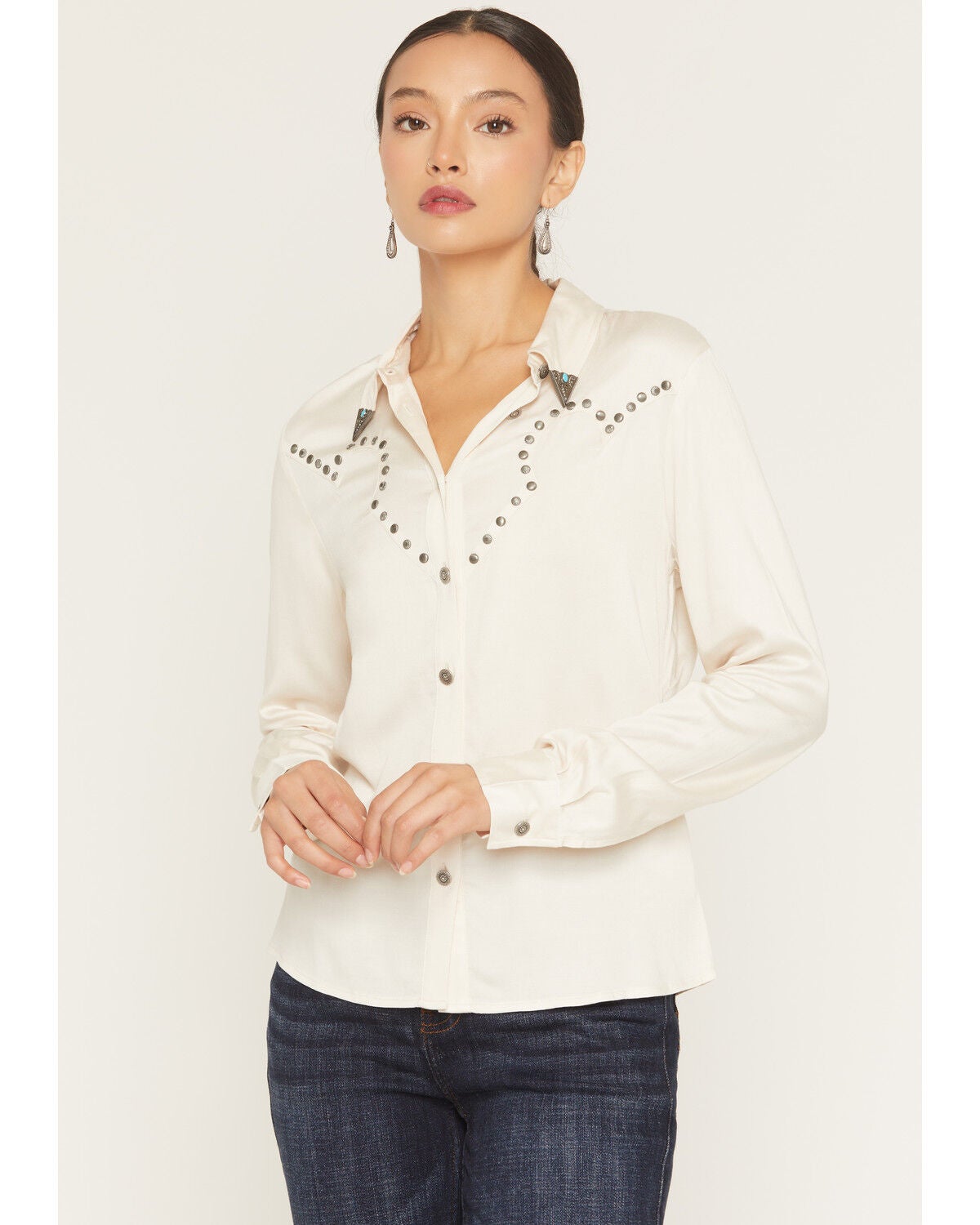 Idyllwind Women's Fairlawn Sateen Studded Long Sleeve Button-Down Western Shirt, Cream, hi-res