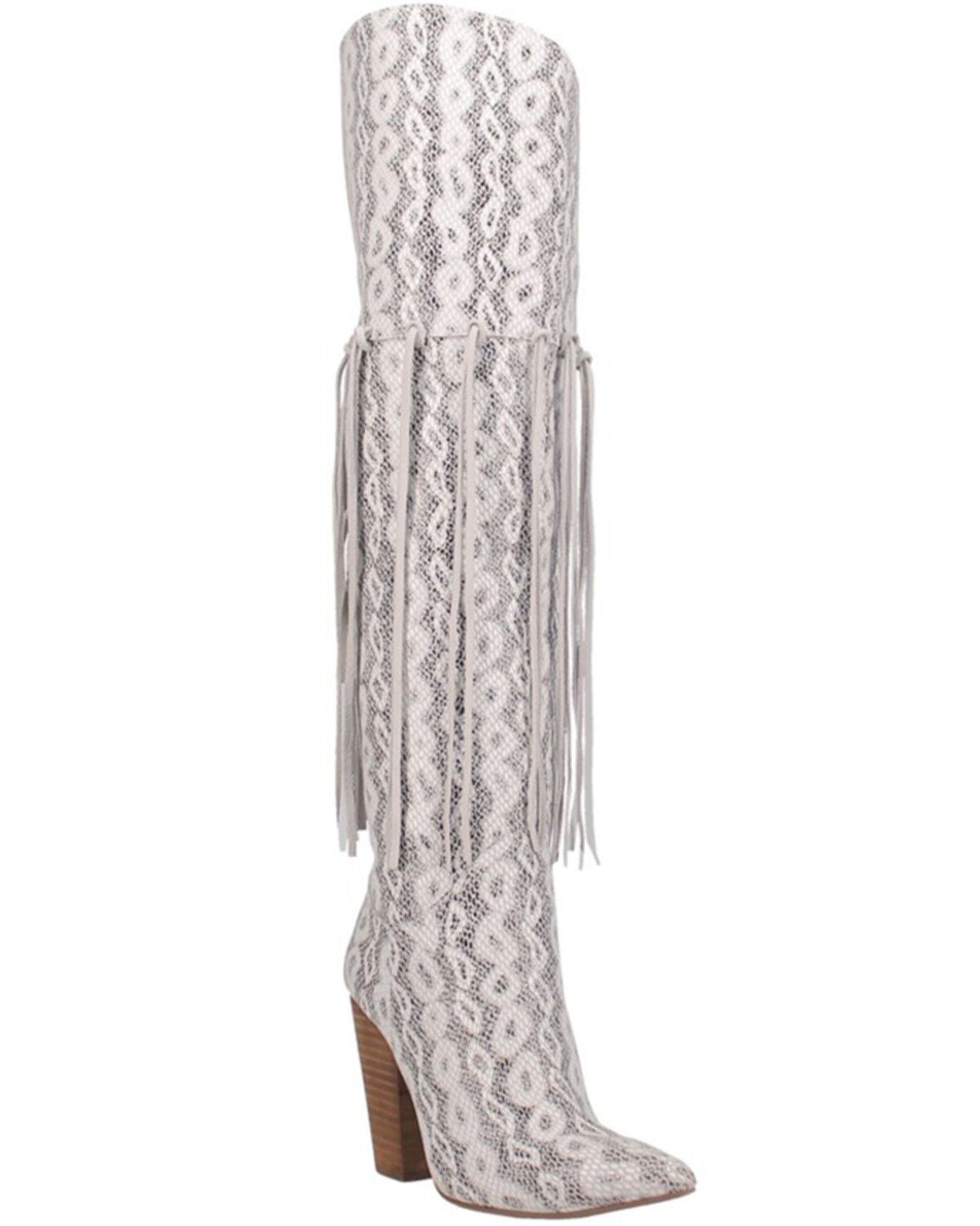 Dingo Women's Kitty Kat Snake Print Fringe Tall Western Boot - Round Toe, White, hi-res