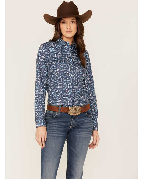 Roper Women's Southwestern Print Western Pearl Snap Shirt, Blue, hi-res
