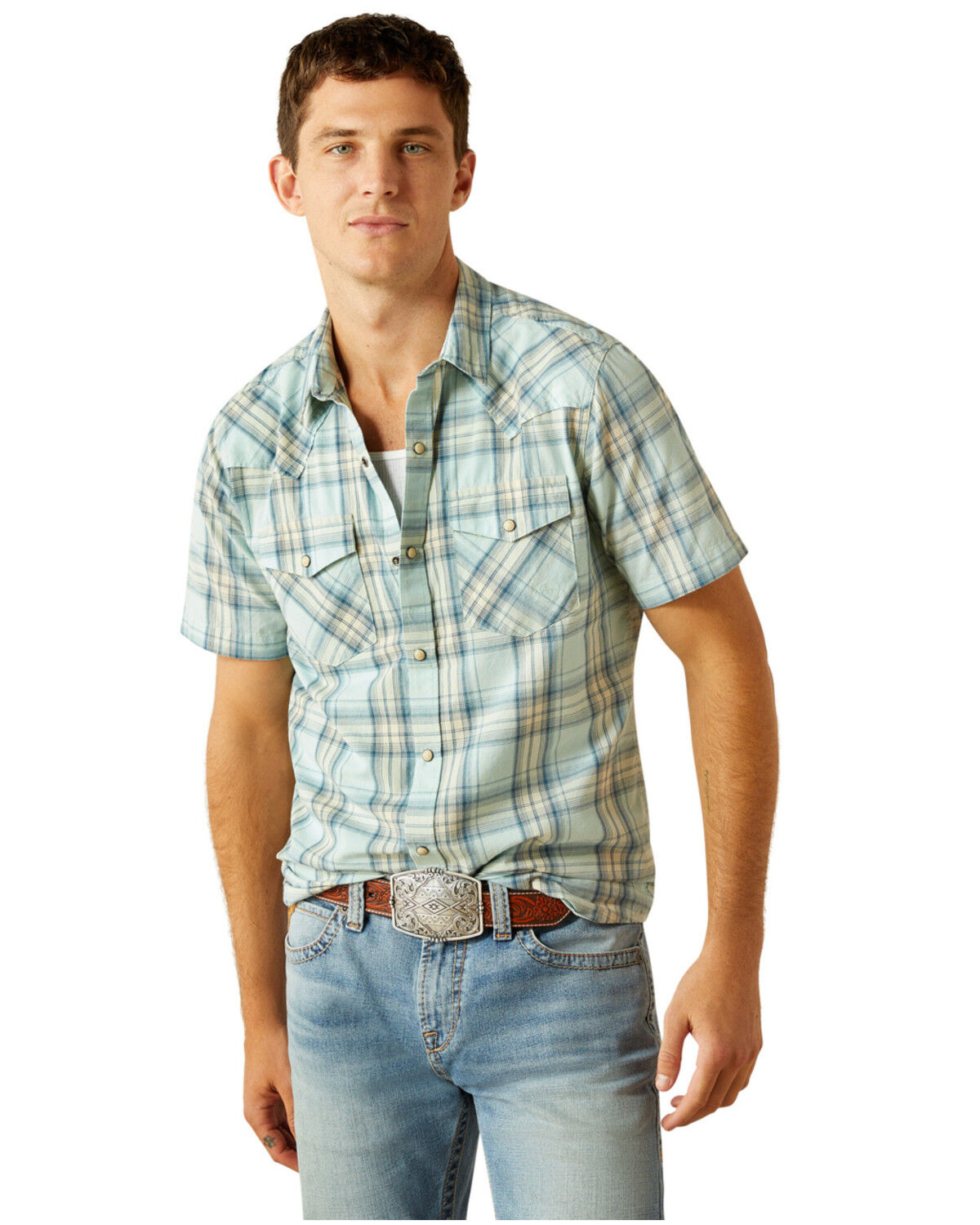 Image #1 - Ariat Men's Hinkle Retro Fit Plaid Print Short Sleeve Snap Western Shirt - Big, Aqua, hi-res