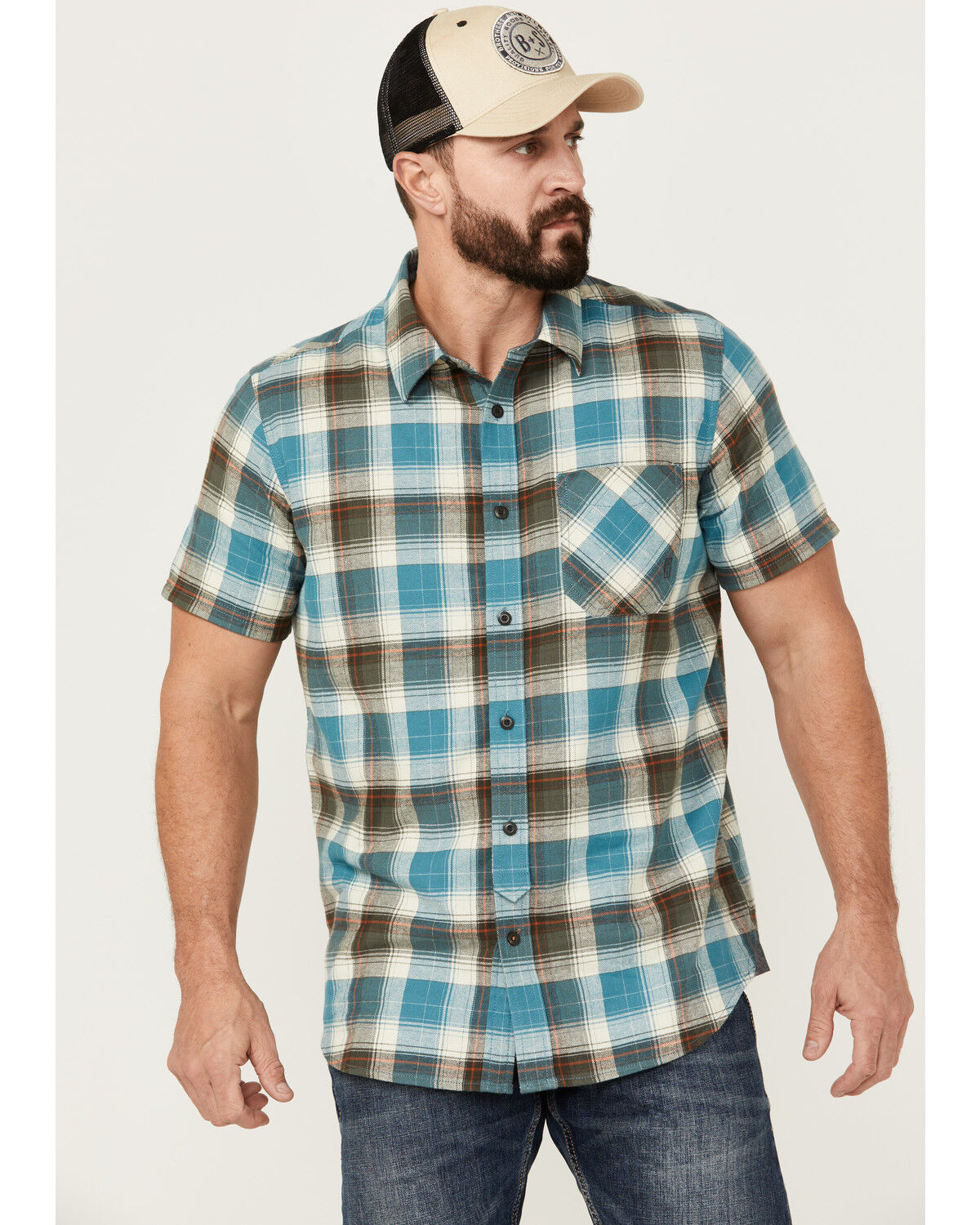 Image #1 - Brothers and Sons Men's Bonner Plaid Print Short Sleeve Button Down Western Shirt, Light Blue, hi-res