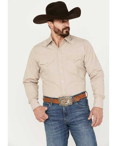 Image #1 - Ely Walker Men's Geo Print Long Sleeve Pearl Snap Western Shirt, Beige/khaki, hi-res