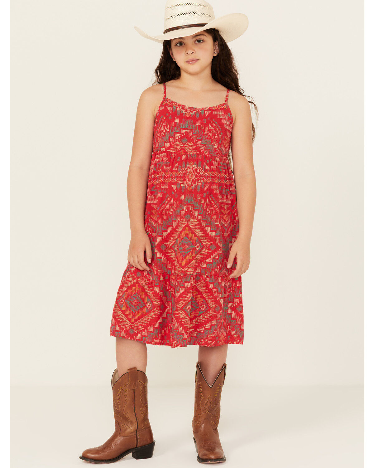 Image #1 - Wrangler Girls' Southwestern Print Sleeveless Maxi Dress, Red, hi-res