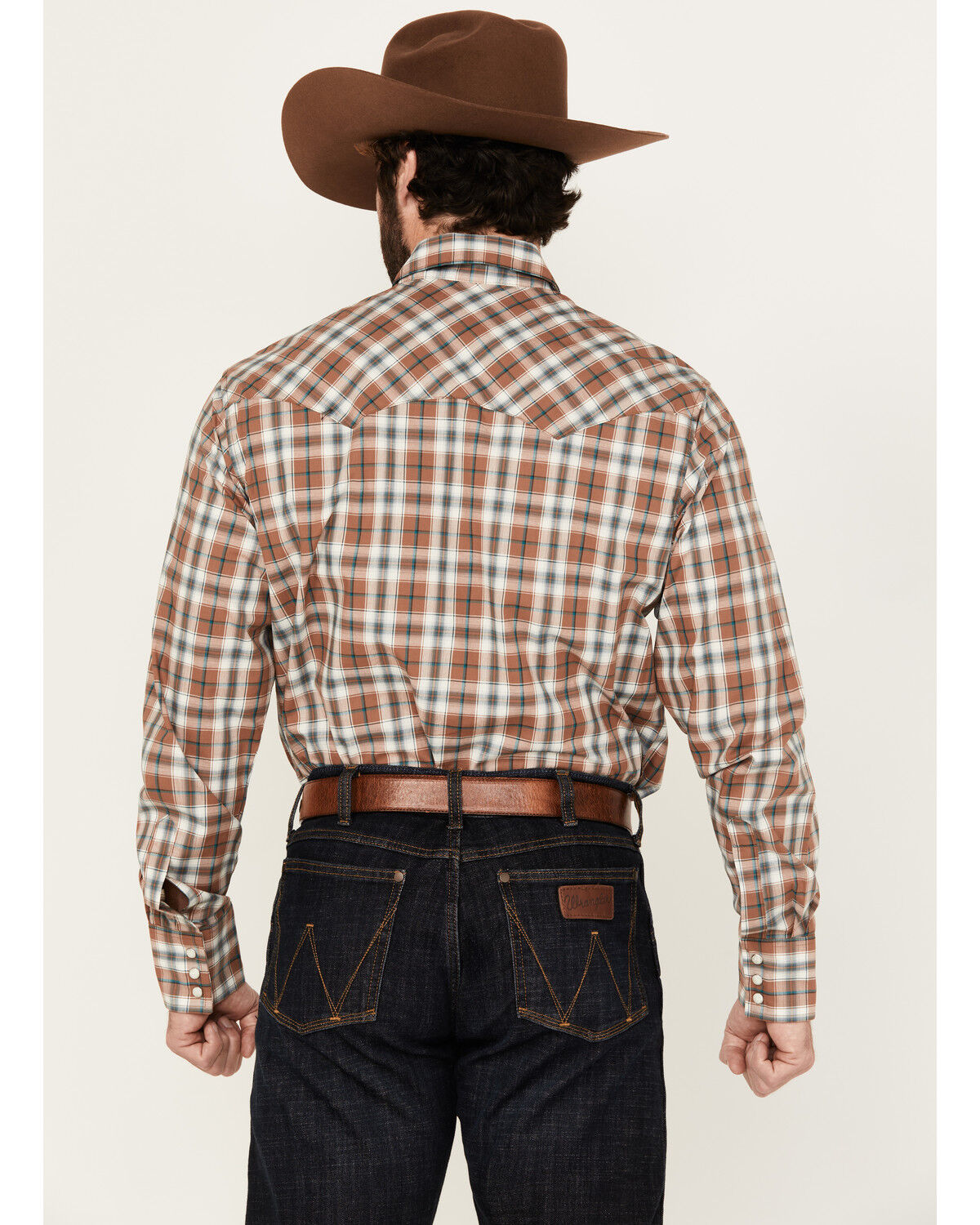 Image #4 - Wrangler Retro Men's Plaid Print Long Sleeve Snap Western Shirt, Brown, hi-res