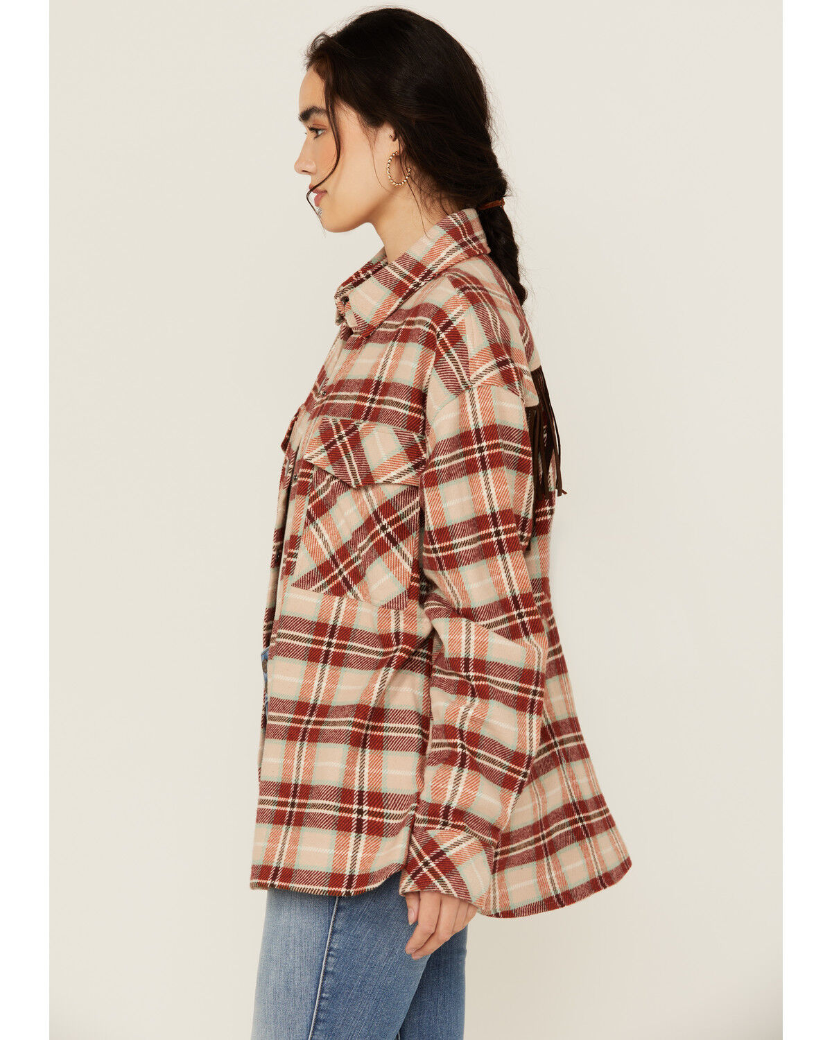 Image #2 - Rock & Roll Denim Women's Plaid Print Fringe Snap Shacket, Rust Copper, hi-res