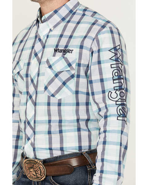 Image #3 - Wrangler Men's Plaid Print Logo Long Sleeve Button-Down Western Shirt , Teal, hi-res