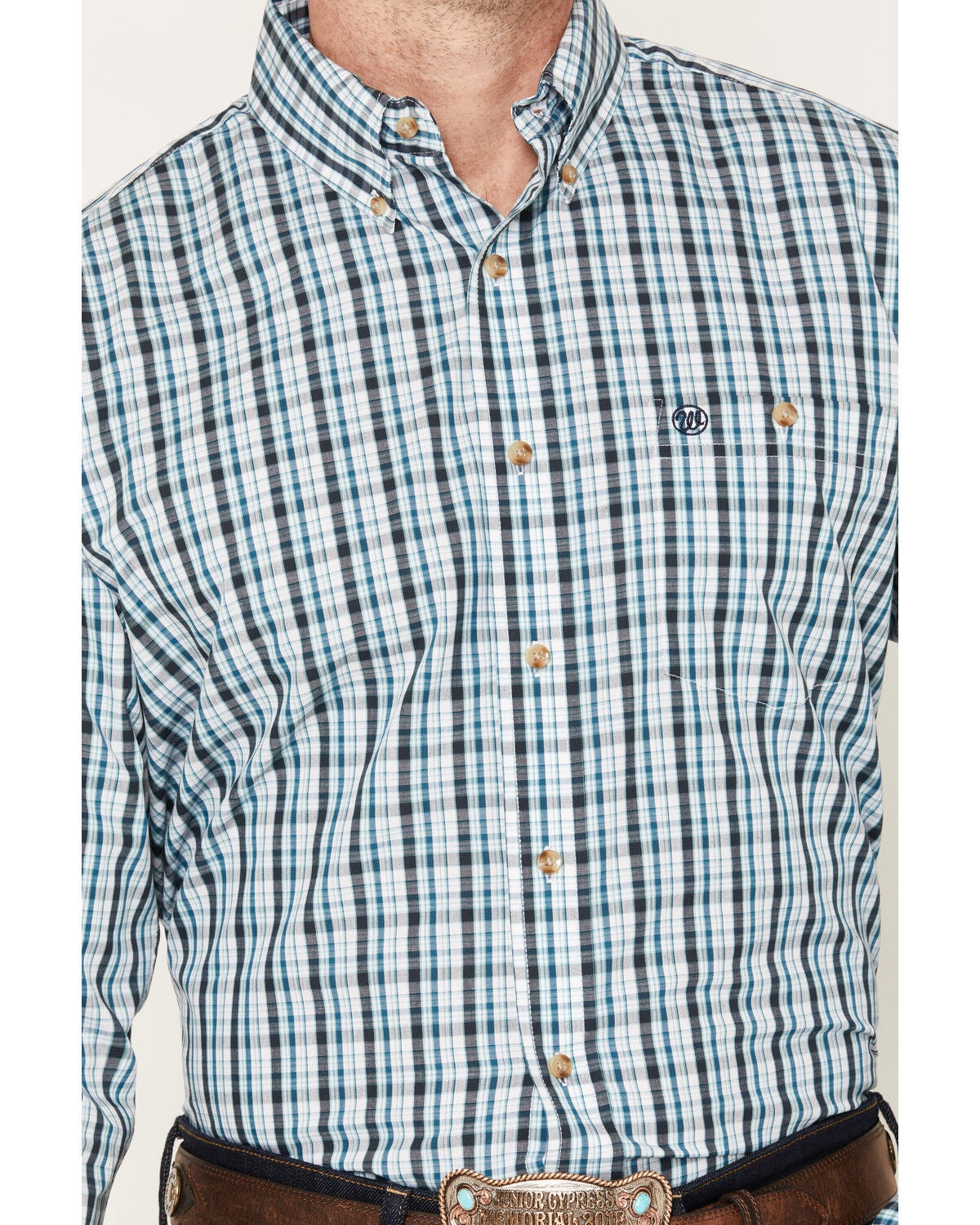 Image #3 - Wrangler Men's Plaid Print Long Sleeve Button-Down Western Shirt, Teal, hi-res