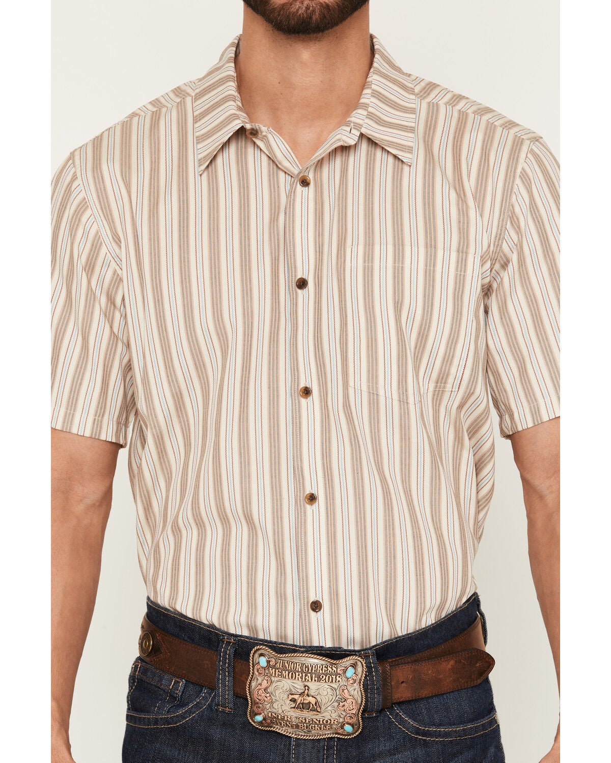 Image #3 - Gibson Trading Co Men's Canyon Striped Short Sleeve Button-Down Western Shirt, Tan, hi-res
