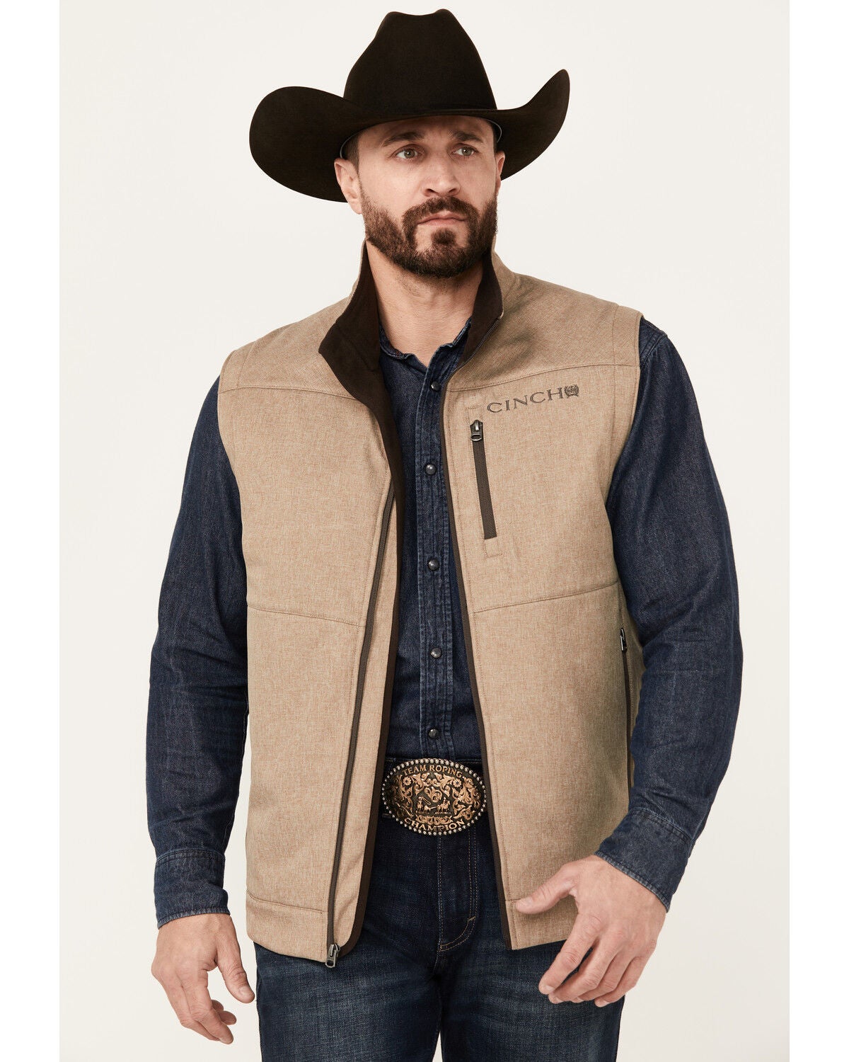 Cinch Men's Textured Logo Concealed Carry Zip Bonded Vest, Stone, hi-res