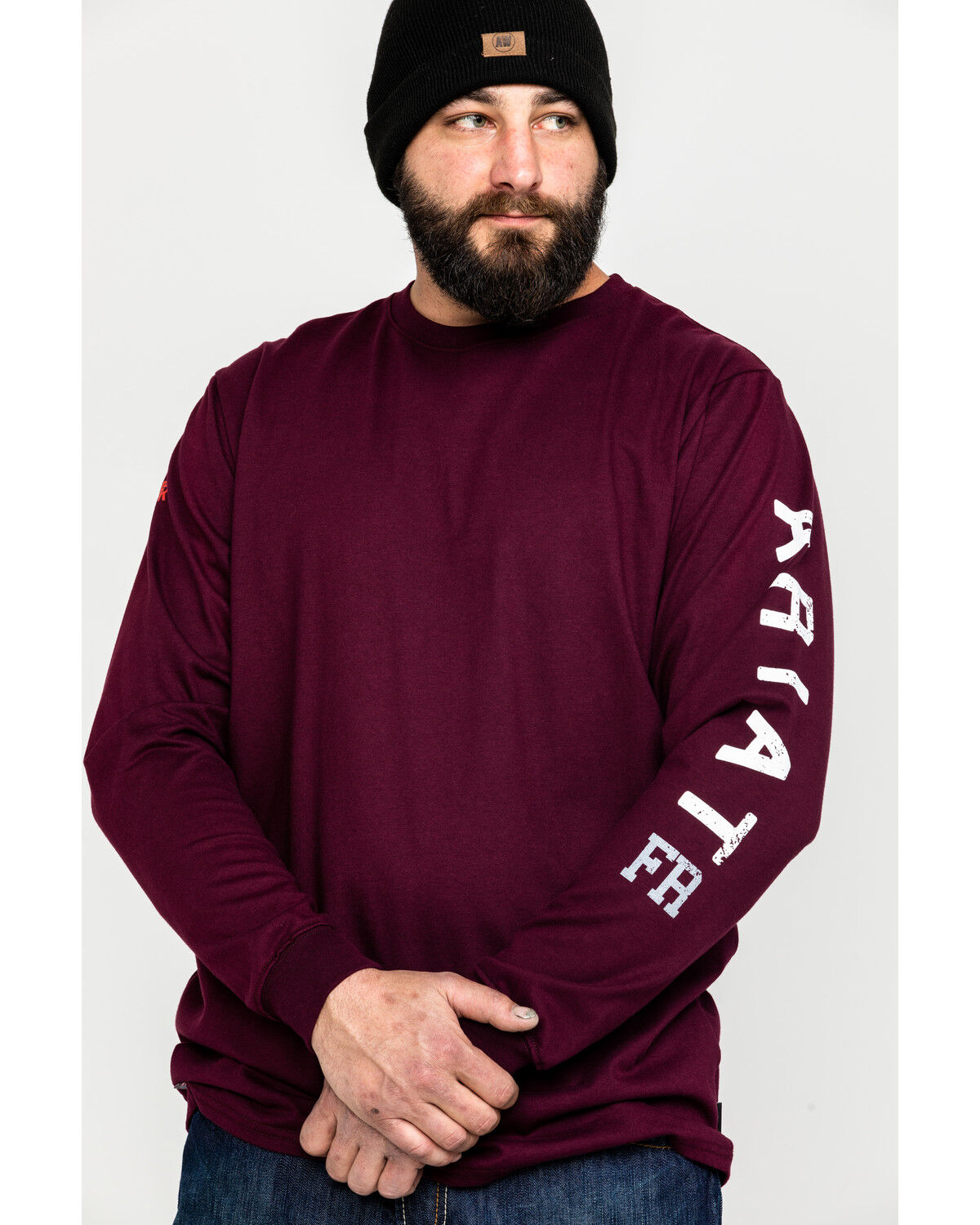 Image #2 - Ariat Men's FR Roughneck Skull Logo Crew Long Sleeve Work T-Shirt, Red, hi-res