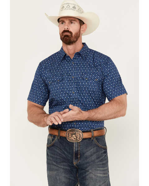 Image #1 - Cody James Men's El Paso Geo Print Short Sleeve Snap Western Shirt, Navy, hi-res