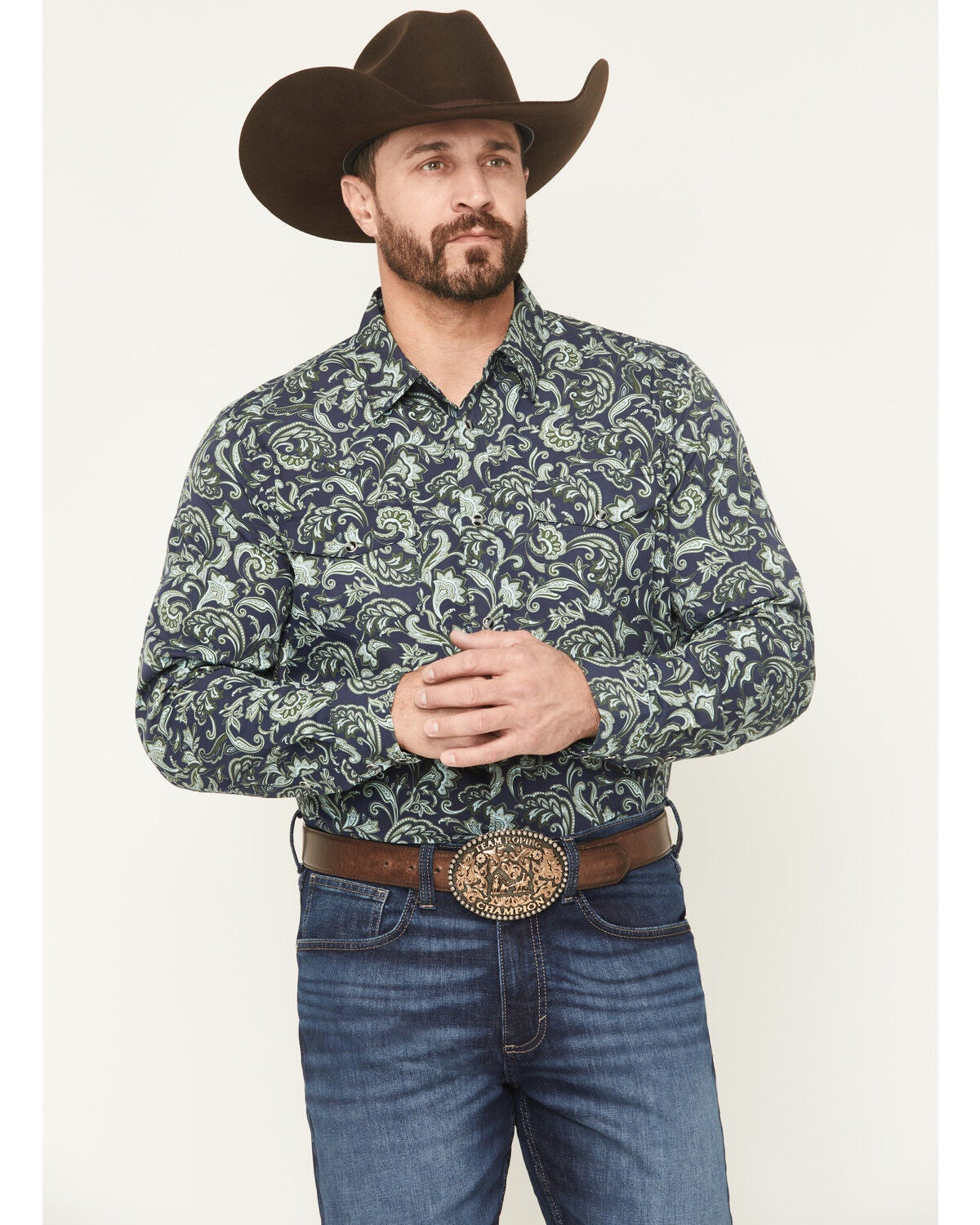 Image #1 - Gibson Trading Co Men's Hubert Floral Print Long Sleeve Snap Stretch Western Shirt - Big, Navy, hi-res