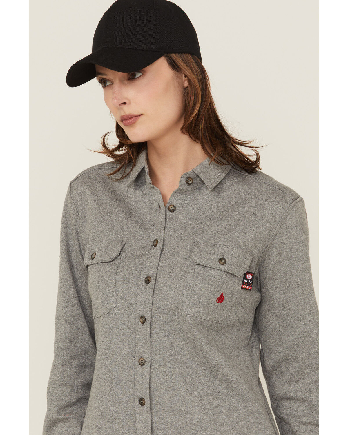 Image #2 - Forge Workwear Women's FR Knit Long Sleeve Button-Down Work Shirt, Grey, hi-res