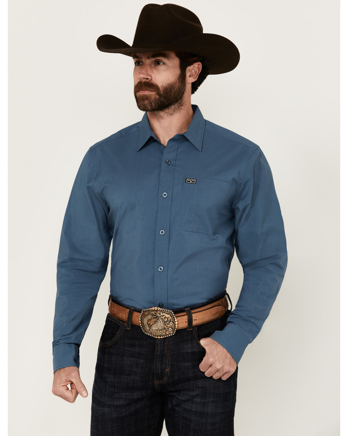 Image #1 - Kimes Ranch Men's Linville Solid Long Sleeve Button-Down Performance Western Shirt, Blue, hi-res