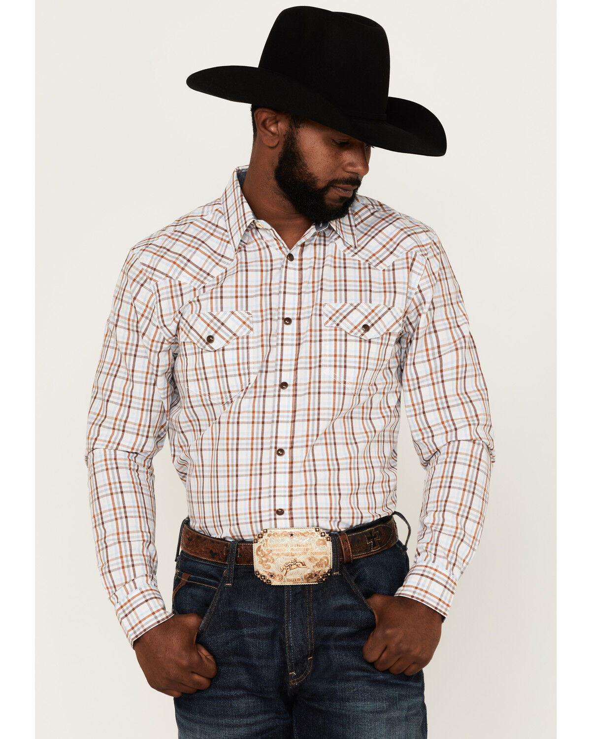 Image #1 - Cody James Men's Fortune Plaid Print Long Sleeve Snap Western Shirt, Brown/blue, hi-res