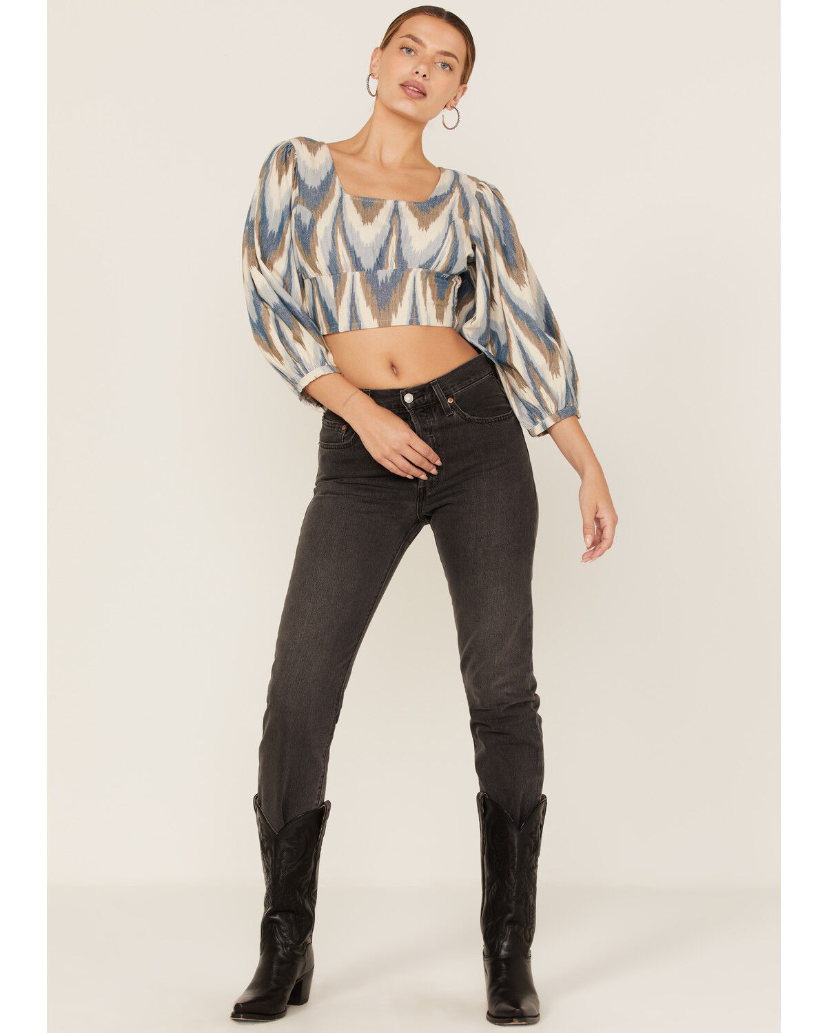 Image #3 - Shyanne Women's Ikat Print Puff Sleeve Crop Top, Bright Blue, hi-res