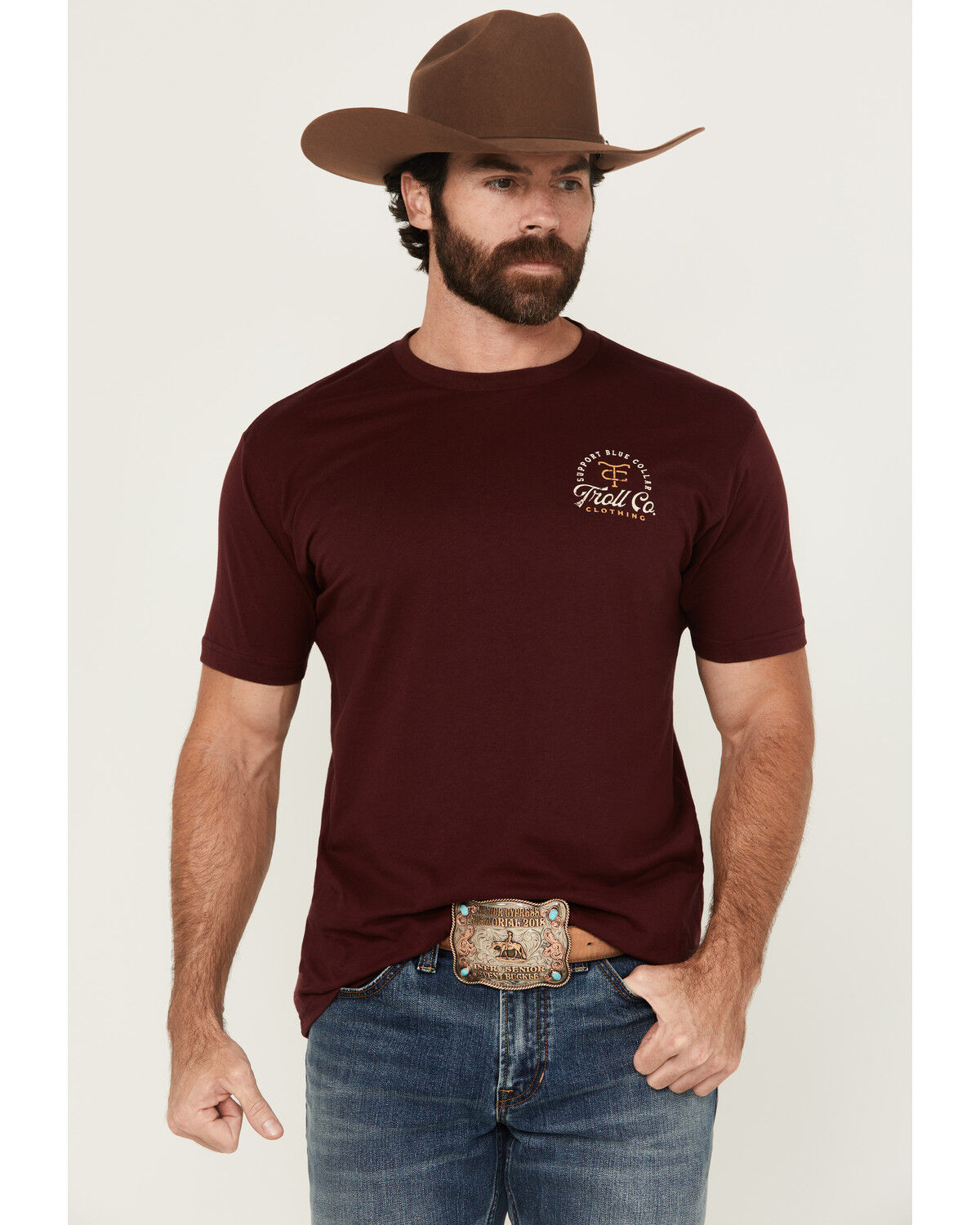 Image #2 - Troll Co Men's Homestead Logo Short Sleeve Graphic Work T-Shirt, Maroon, hi-res