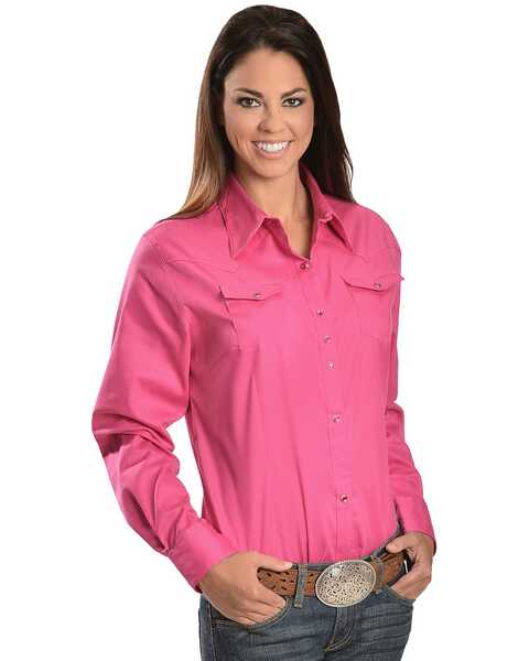 Wrangler Women's Solid Long Sleeve Rhinestone Snap Western Shirt, Pink, hi-res